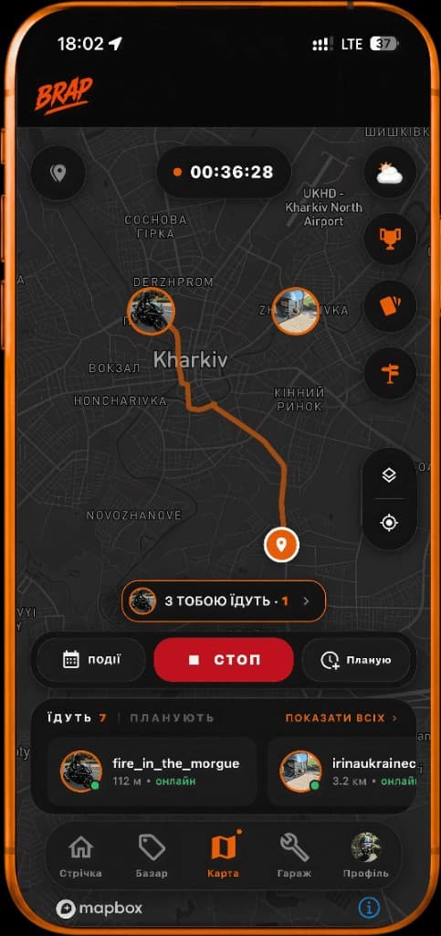 Group ride in BRAP with the route on the map and a counter showing riders traveling together