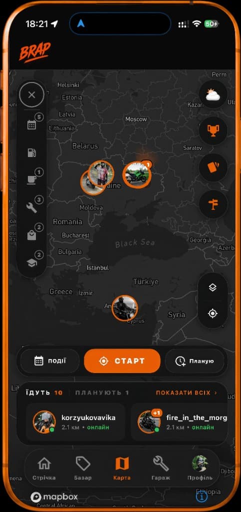 BRAP live map on iPhone showing riders online, motorcycle place layers, and the start ride button
