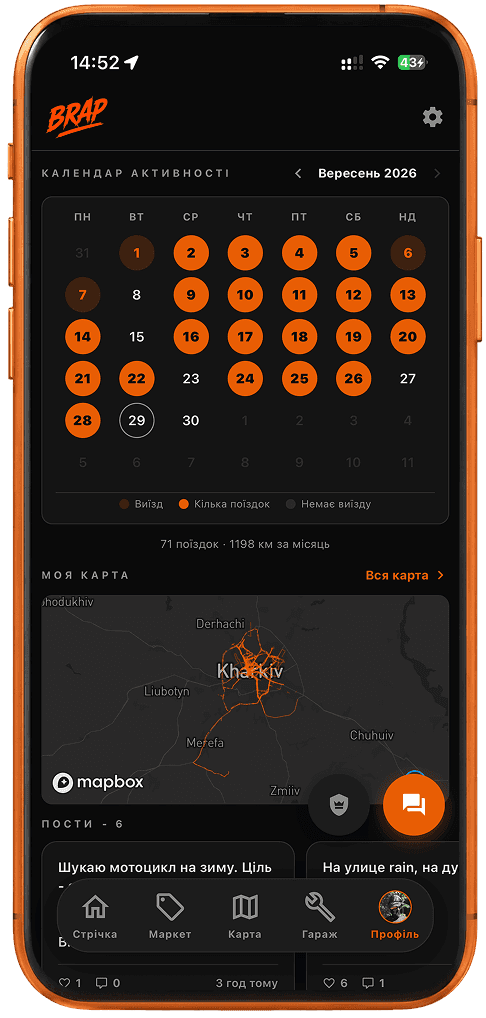 BRAP activity calendar and map of recorded motorcycle rides