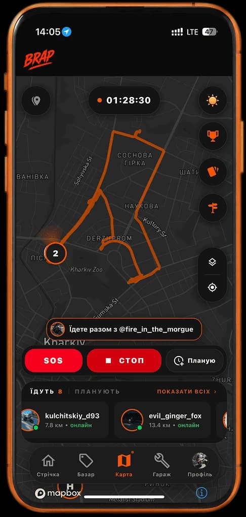 Active motorcycle ride in BRAP with a GPS track on the map, recording timer, and Stop button