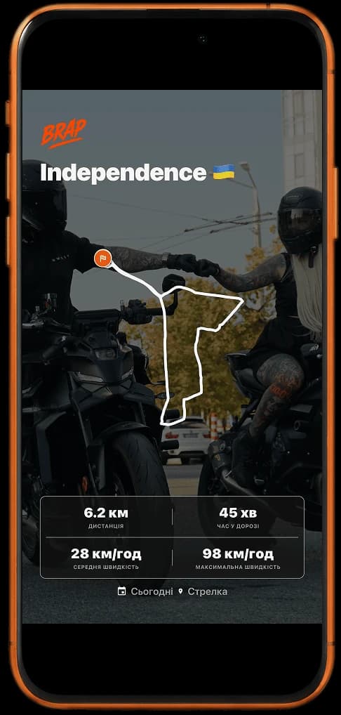 Customized completed ride card in BRAP with a title, route track, and ride statistics