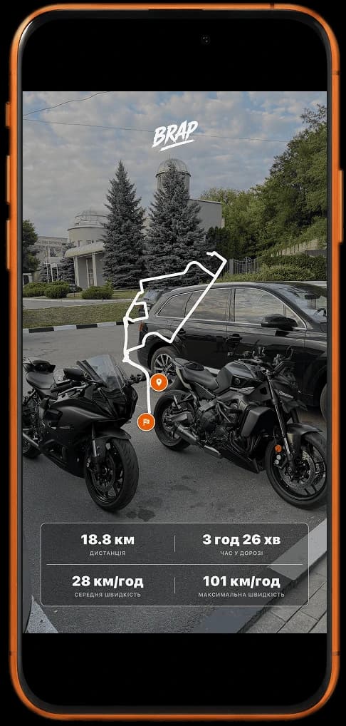 BRAP motorcycle ride card for Stories with a GPS track over a photo and distance, time, and speed statistics