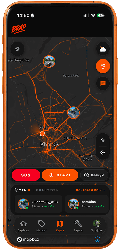 Nearby riders on the BRAP live map